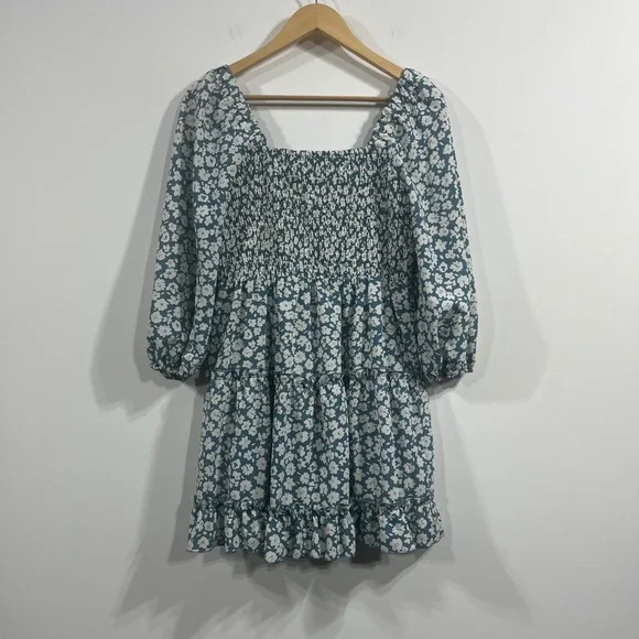 Pink Lily Ditsy Floral Smocked Babydoll Tiered Mini Dress Large Cottagecore Boho - Picture 4 of 10